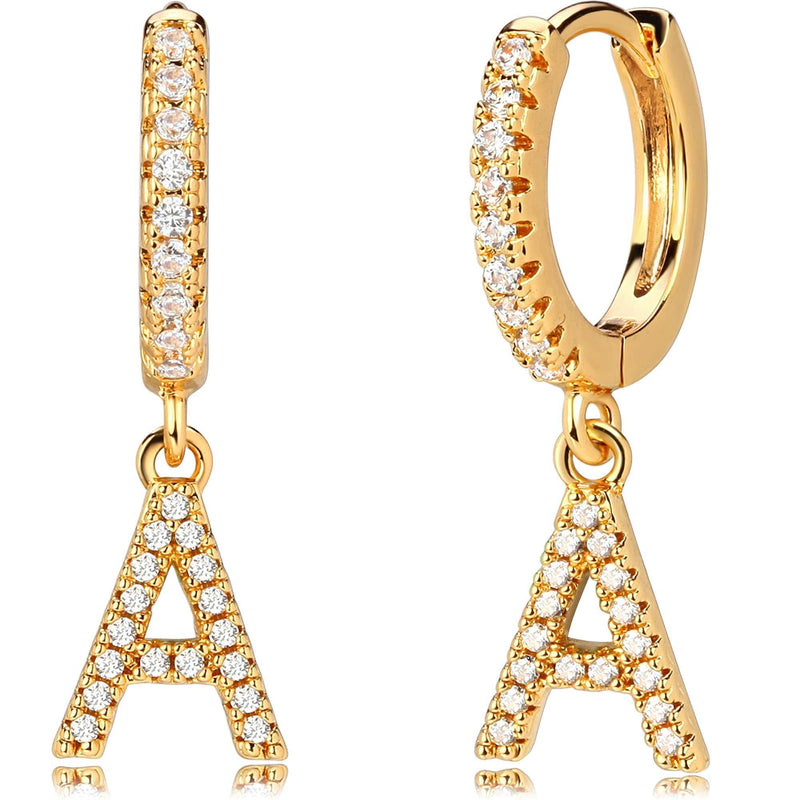 [Australia] - GUEMER Gold Initial Earrings 18K Gold Filled Dainty Tiny Diamond Cubic Zirconia Inlay Alphabet Letter Name A To Z Charm Drop Dengle Huggie Hoop Earrings Simple Shining Delicate Jewelry Gift for Her 