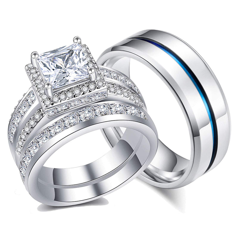 [Australia] - AHLOE JEWELRY Princess Wedding Ring Sets for Him and Her Women Men Titanium Stainless Steel Bands 3.0Ct Cz 18k Gold Couple Rings Women's Size 10 & Men's Size 10 