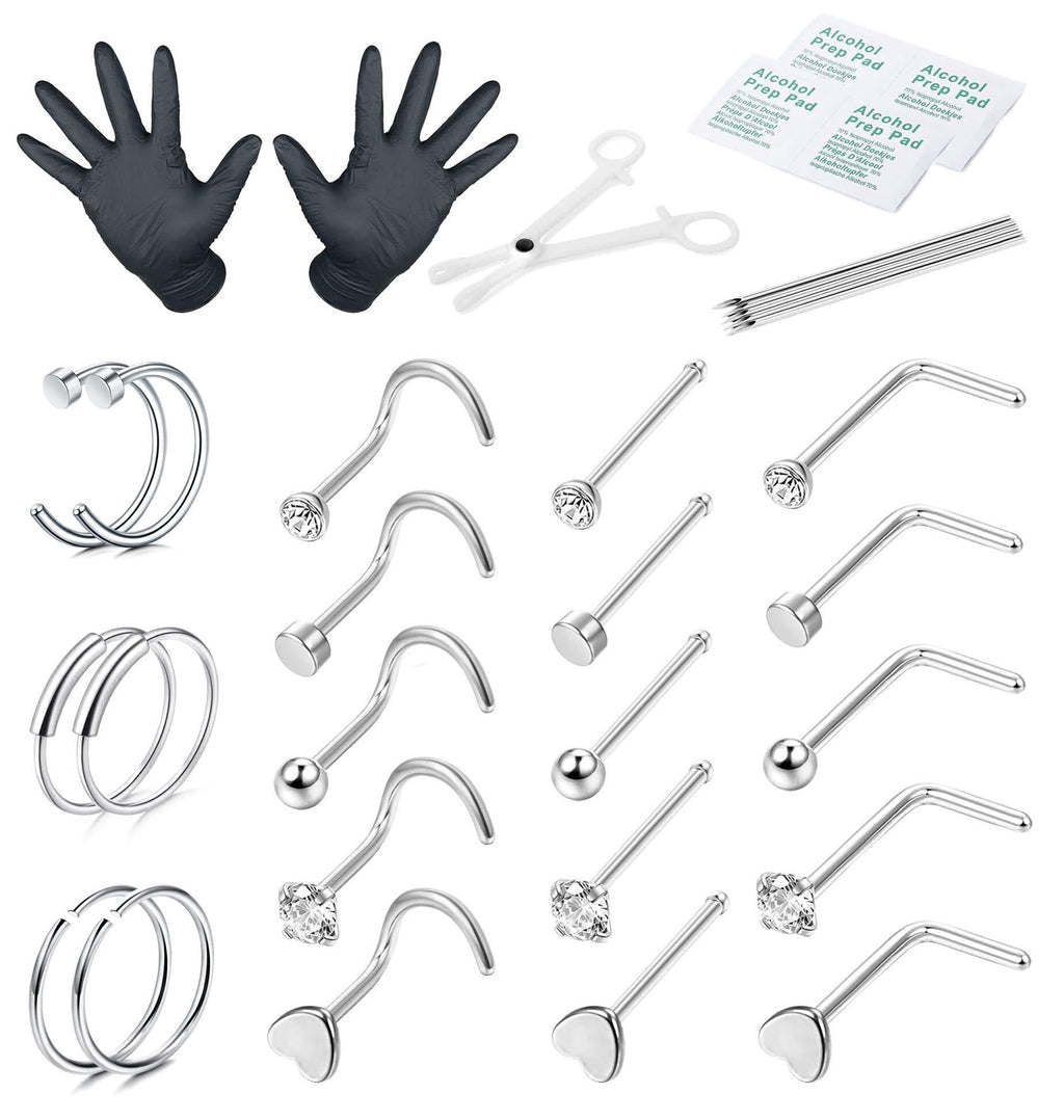 [Australia] - Drperfect 21PCS Nose Piercing Kit 18G 20G Stainless Steel Nose Ring Hoop Ear Studs Cartilage Tragus Helix Rings Professional Body Piercing Kit 