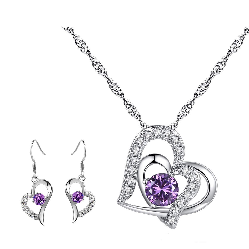 [Australia] - yfstyle Jewelry Set Heart Necklace Earrings for Women Girls, Heart Shaped Drop Hook Earrings & Pendant Necklaces with Cubic Zircon Setting, Crystal Jewellery Set Mother's Day Gift purple 