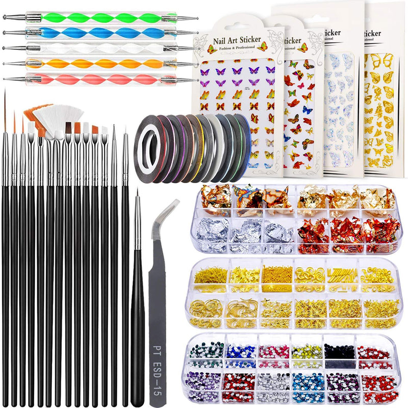 [Australia] - JOYJULY Nail Art Design Tools, 3D Nail Art Decorations Kit with Nail Art Brushes Dotting Tools Holographic Nail Art Stickers Nail Foil Tape Strips and Nails Art Rhinestones and Pick-Up Tweezers 28 Piece Set Black 