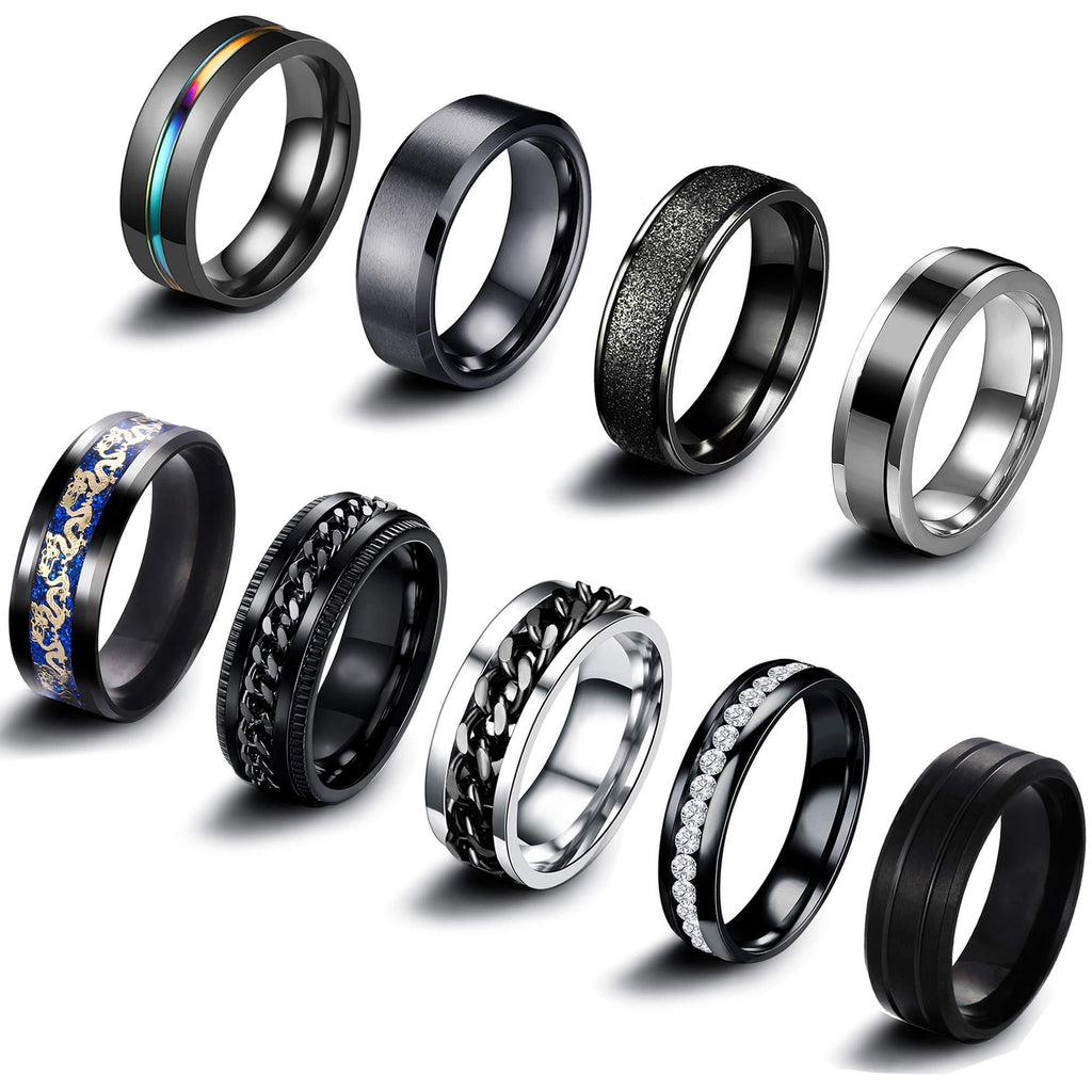 [Australia] - EIELO 9Pcs Stainless Steel Band Rings for Men Women Cool Fidget Spinning Chain Ring Anxiety Relief Fashion Simple Wedding Engagement Black Ring Set 7 