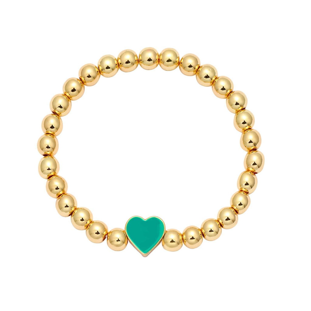 [Australia] - YBMYCM Love Heart Charm Bracelet 6mm Gold Beaded Strech Delicate Bracelet Heart Personalized Bracelets Jewelry for Women Girls Teal 