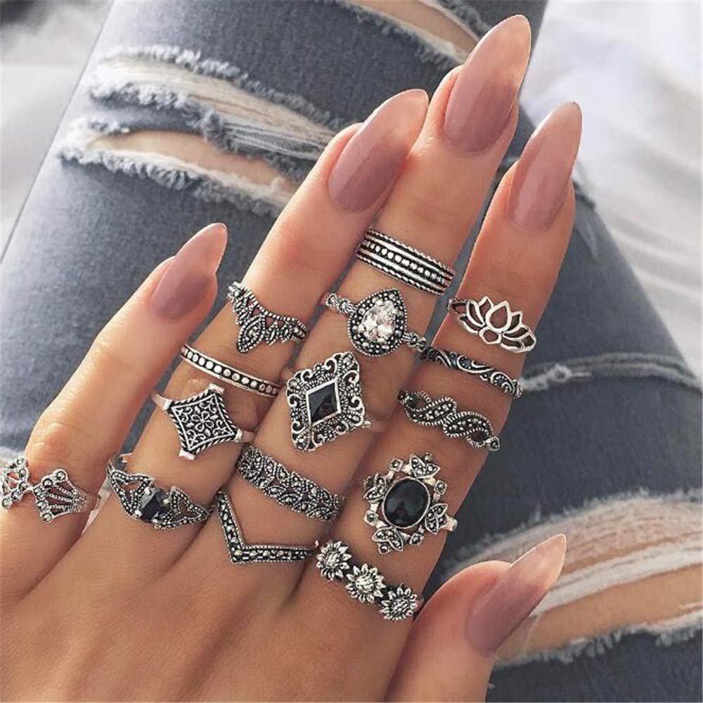 [Australia] - VESOCO 15 Pcs Bohemian Stackable Joint Knuckle Ring Set Crystal Carved Midi Ring Punk Finger Rings for Women and Girls(Style 1) Style 1 