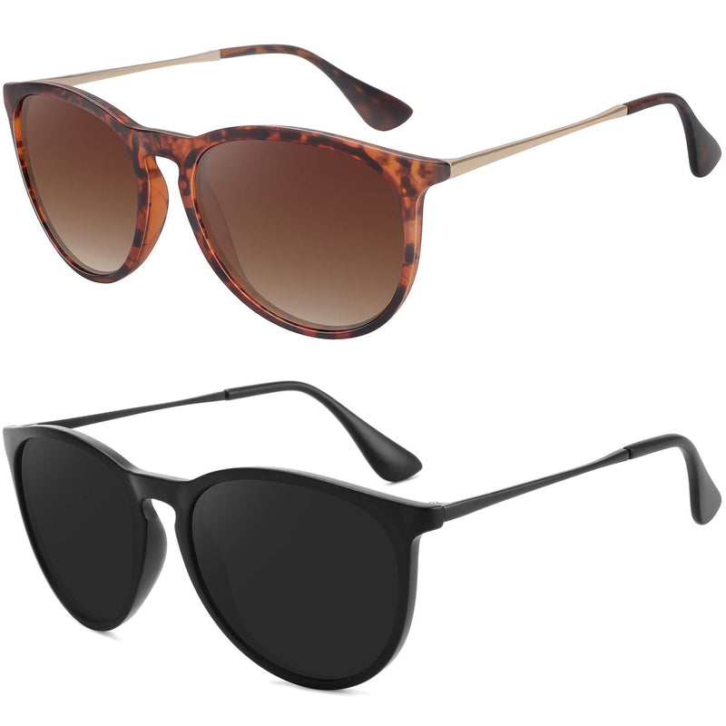 [Australia] - WOWSUN Polarized Sunglasses for Women Vintage Retro Round Mirrored Lens (2 Pack) Black Frame Black Lens + Leopard Frame Gradient Brown Lens 