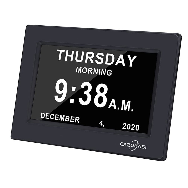 [Australia] - Extra Large Impaired Vision Digital Calendar Day Clock Photo Frame- Auto Dimmable Display 12 Alarm Options, Day Clock with Non-Abbreviated Day & Month Alarm Clock (7 inch Black) 7 Inch Black 