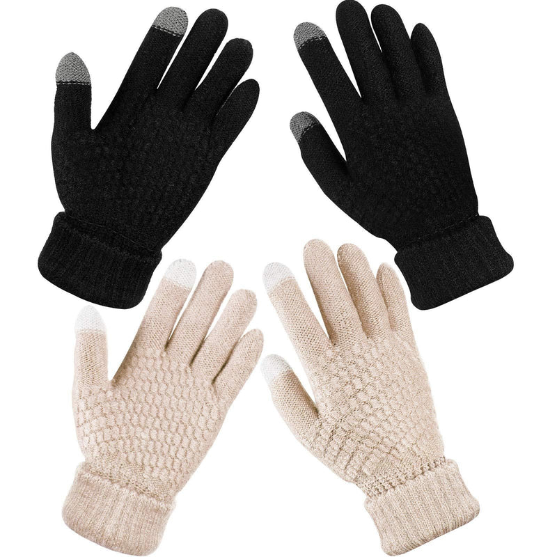 [Australia] - 2 Pairs Women's Winter Touch Screen Gloves Warm Fleece Lined Knit Gloves Elastic Cuff Winter Texting Gloves Black, Beige 