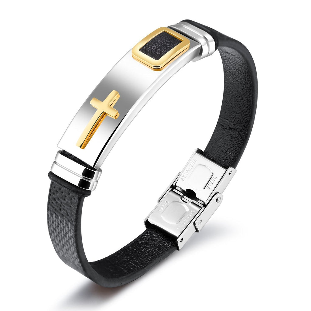 [Australia] - Starlight Cross Religious Bracelets for Men，Stainless Steel and Silicone Leather Men's Cuff Bangle for Teen Boys and Man Black 185.0 Millimeters 