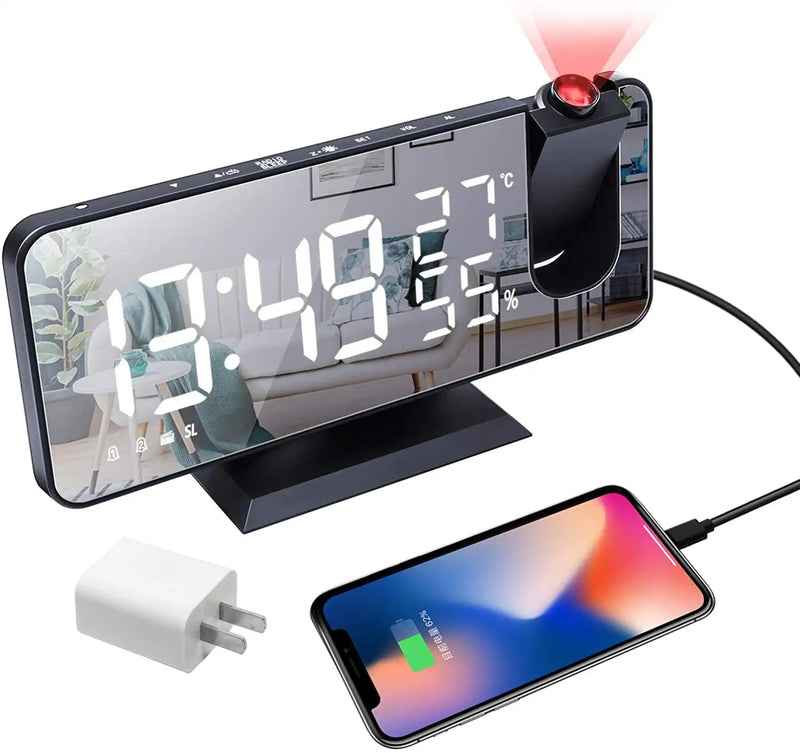 [Australia] - Projection Digital Alarm Clock for Bedrooms, Radio Alarm Clock on Ceiling, USB Charger Port, Temperature & Humidity Display, 7.3” Large Mirror LED Display,12/24H,Snooze,Dual Loud Alarm Clock- 4 Dimmer Black 