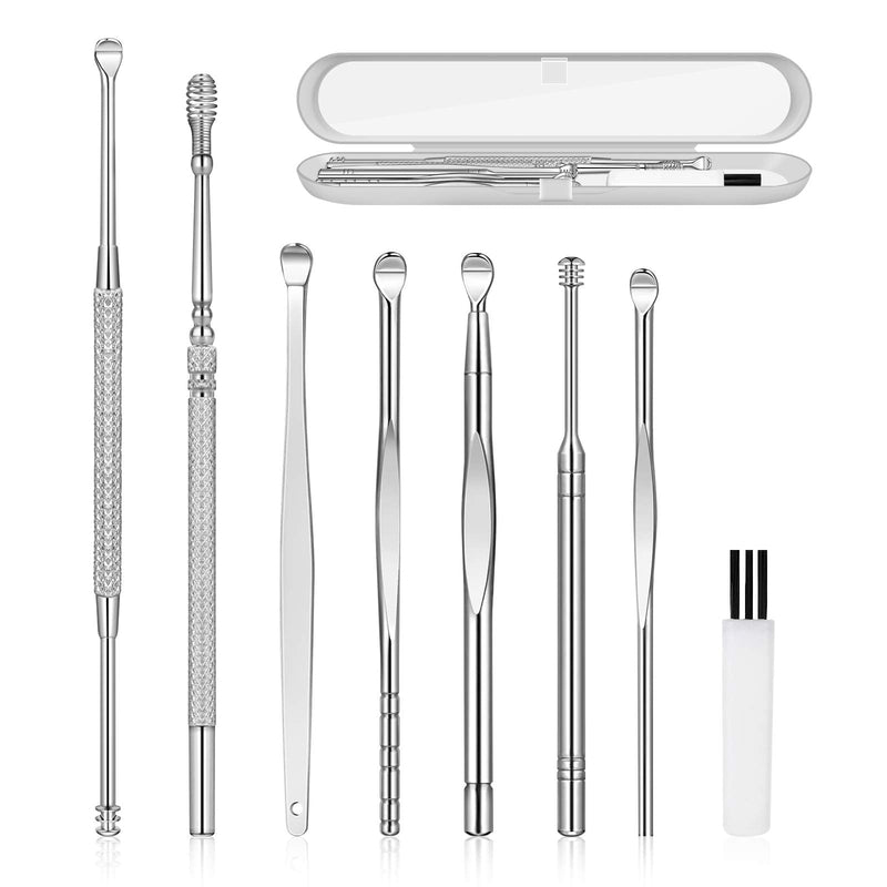 [Australia] - 8Pcs Ear Pick Ear Wax Removal Kit, Earwax Removal Tool, Ear Cleansing Set, Ear Curette Ear Wax Remover Tools with a Cleaning Brush and Storage Box, Medical Grade, for Ear Adult and Kid, Silver 