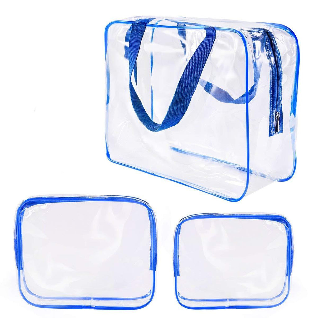 [Australia] - 3Pcs Clear Cosmetic Bag Air Travel Plastic Toiletry Pouch, Water Resistant Travel Toiletry Bag Set with Zipper Closure and Carrying Handle for Women Men, Make-up Brush Case Beach Pool Spa Gym Bags (Blue) Blue 