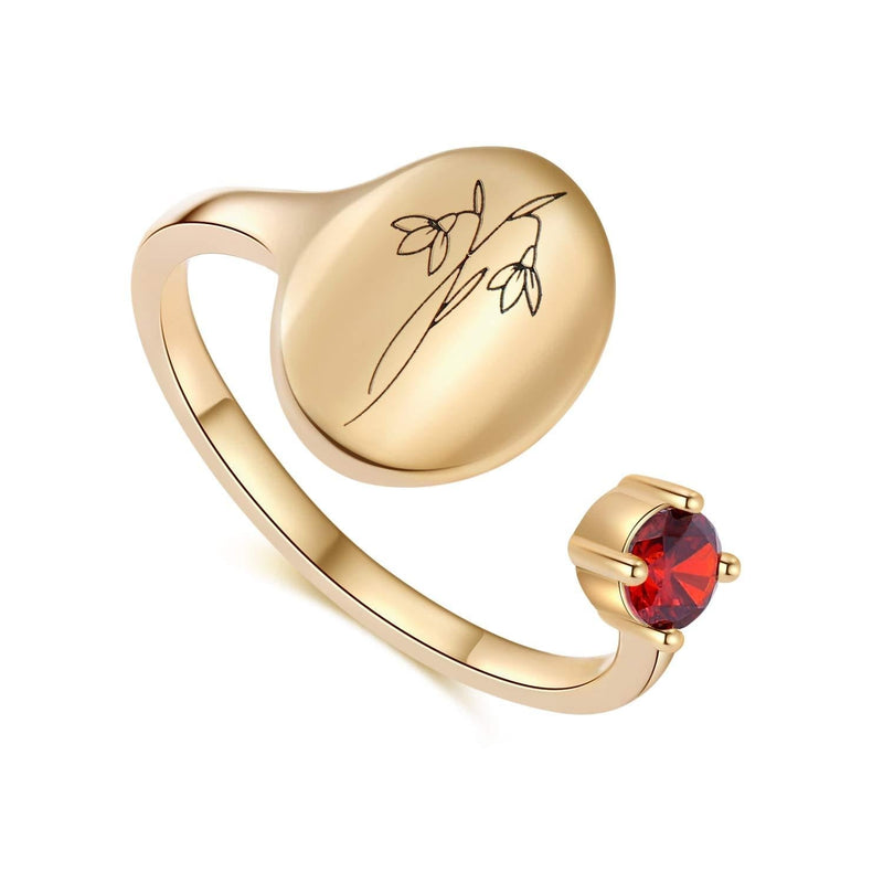 [Australia] - sloong Handmade Birth Month Flower Signet Ring 14K Gold Plated Ring Birth Stone Ring Birthday Valentine's Gift for Mom Daughter Girlfriend Wife 01.January-Snowdrop 