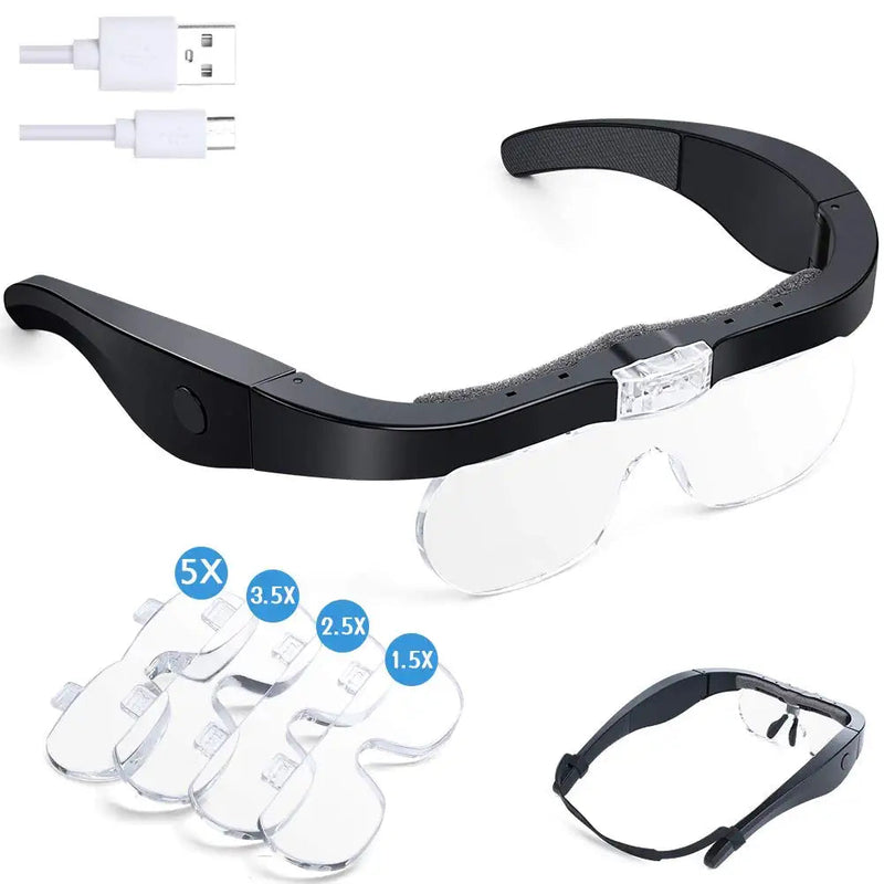 [Australia] - Headband Magnifier, Rechargeable Magnifying Glass with Light for Close Work Hands Free Interchangeable Magnification Lenses 1.5X 2.5X 3.5X 5X for Jewelry, Crafts, Cross Stitch Black 