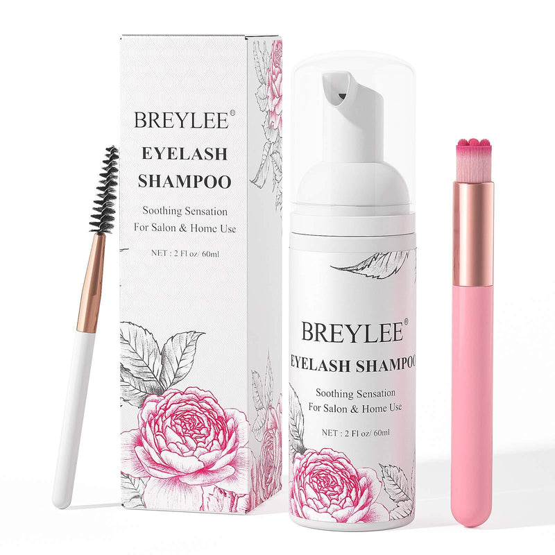 [Australia] - Eyelash Extension Cleanser, BREYLEE Eyelash Extension Shampoo Eyelash Extension Foam & Brushes Eyelid Cleanser for Makeup Remover Paraben & Sulfate Free for Salon and Home Use(60ml, 2 fl oz) 