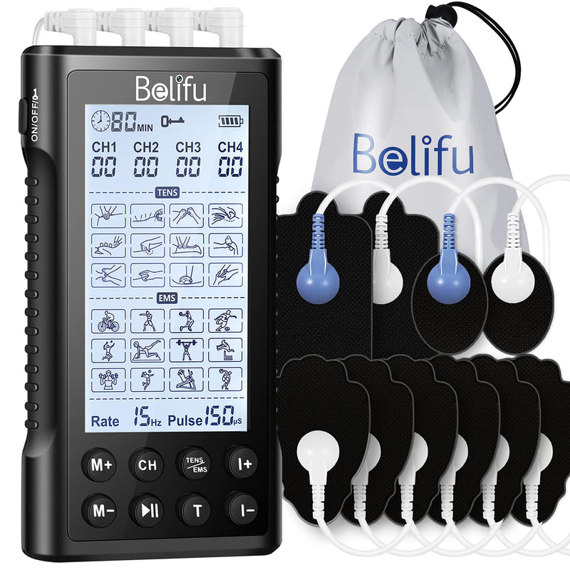 [Australia] - Belifu 4 Independent Channel TENS EMS Unit, 24 Modes,30 Level Intensity Muscle Stimulator Machine, Rechargeable Electric Pulse Massager with 10 Pads&5 Set Leads Wires, for Pain Relief Therapy(Black) Black 