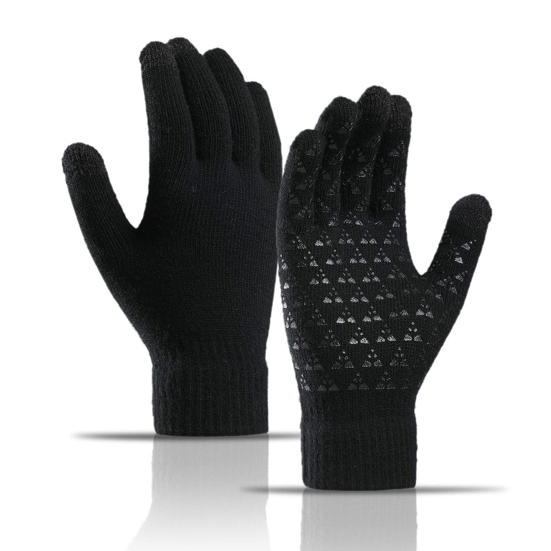 [Australia] - Winter Knit Gloves Touchscreen Warm Thermal Soft Lining Elastic Cuff Anti-slip for Women Men Black 