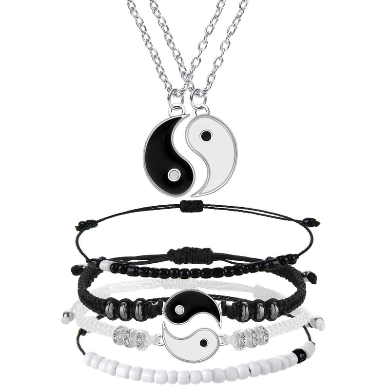 [Australia] - 6 Pieces Matching Yin Yang Friend Couple Bracelets with Necklace Set, Adjustable Waterproof Handmade Cord Relationship Bracelets for Friendship Relationship Boyfriend Girlfriend 