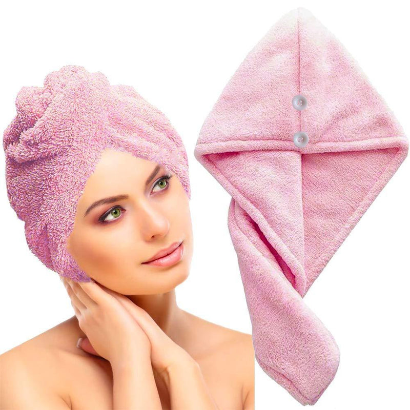 [Australia] - Dry hair towel, Microfiber Hair Towel，hair towels for women，dry hair towel with buttons, Quick Dry Hair Towel - Hair Drying Towel for Curly, Long & Thick Hair(pink 2Pack) 