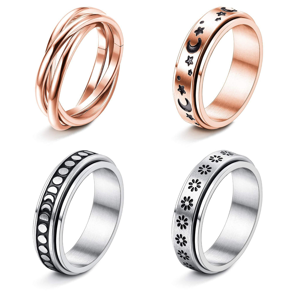 [Australia] - FUNRUN JEWELRY 4 Pcs Stainless Steel Spinner Ring for Women Mens Fidget Band Rings Moon Star Celtic Stress Relieving Wide Wedding Promise Rings Set 5-12 