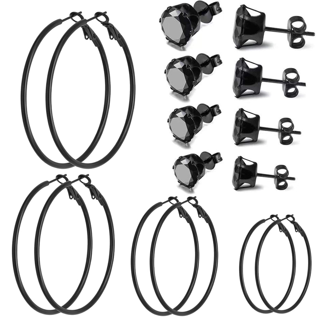 [Australia] - 8 Pairs Stud Earrings Hoop Earrings Set for Women Girls, Gold Plated Silver Black Stainless Steel Hoops Women's Earrings Loop Earrings 3-6mm Studs Earrings Cubic Zirconia CZ Earrings 8Pairs Black Plated 