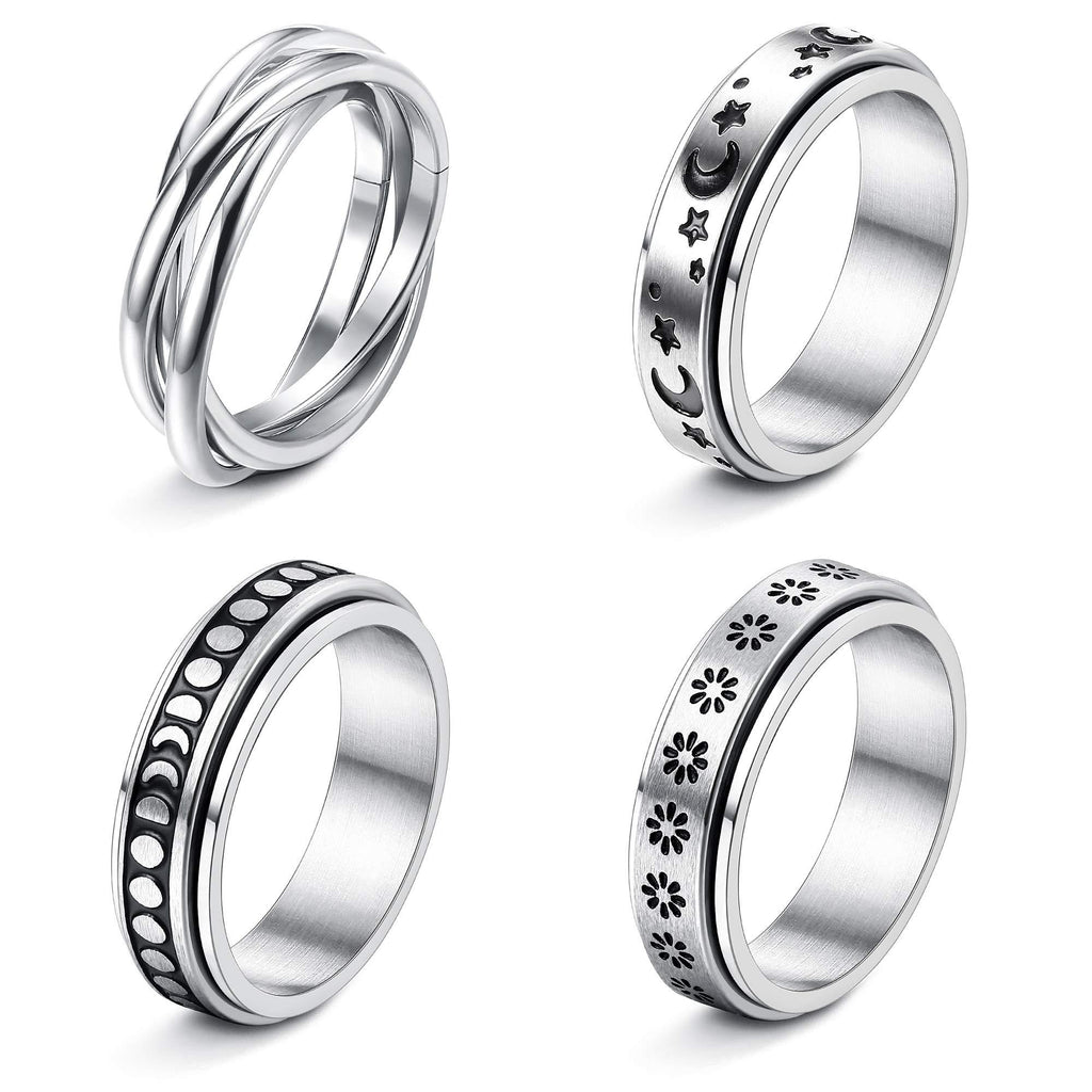 [Australia] - FUNRUN JEWELRY 4 Pcs Stainless Steel Spinner Ring for Women Mens Fidget Band Rings Moon Star Celtic Stress Relieving Wide Wedding Promise Rings Set 5 