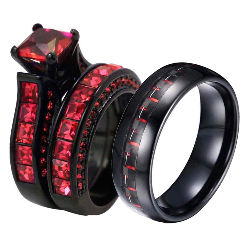 [Australia] - ringheart 2 Rings His and Hers Couple Rings Black Rings Red Cz Womens Wedding Ring Sets Titanium Steel Mens Wedding Bands women's size 6 & men's size10 