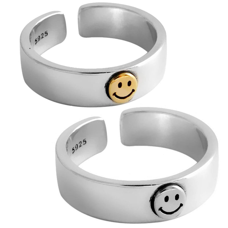 [Australia] - Women Smiley Ring Band Open Statement Ring Vintage Chunky Rings Smiling Face Ring Jewelry Adjustable Bands for Women Men 2PCS 