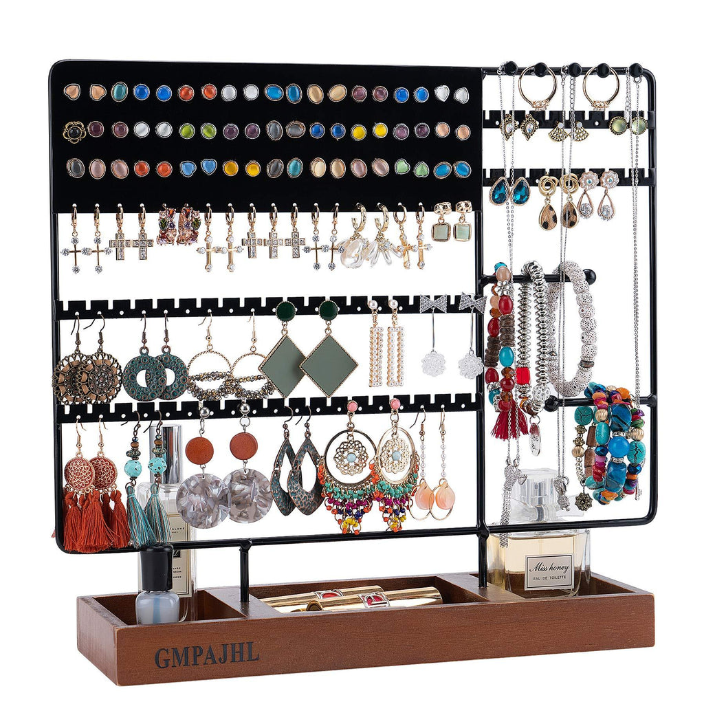 [Australia] - Earring Organizer, Jewelry Holder 3Tier Earring Holder Stand Ear Stud Display Rack Jewelry Stand with Rustic Wooden Base Tray for Earring & Bracelet Necklace Ring Stand Jewelry Tree Girl (130 Holes) Black 