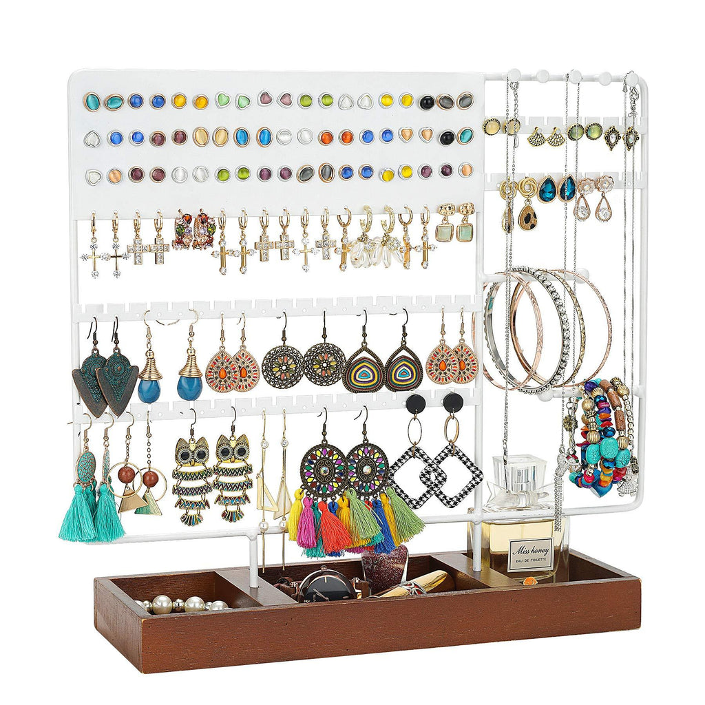 [Australia] - Earring Holder Stand Jewelry Stand 3 Tier Earring Organizer Ear Stud Display Stand Jewelry Organizer, Earring & Bracelet Necklaces Ring Holder Stand with Wooden Storage Base Jewelry Tree (130 Holes)white 