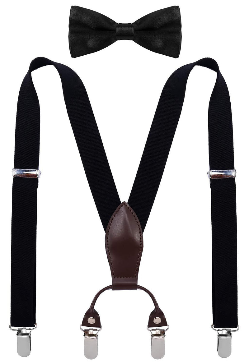 [Australia] - SUNNYTREE Boys Suspenders Bow Tie Set Adjustable Leather Y Back with 4 Clips 24 inches (6 months - 3 yrs) Black 