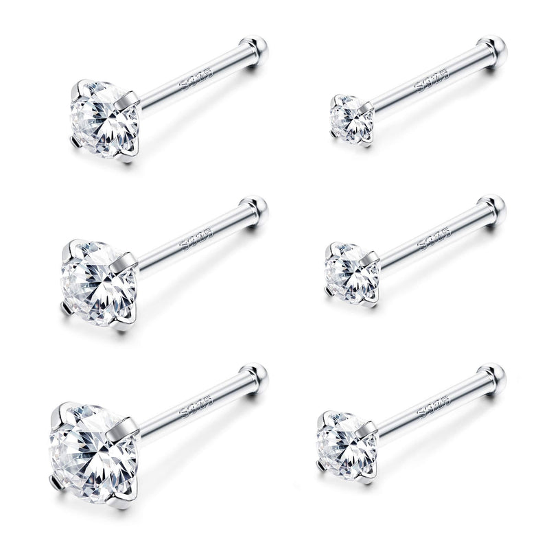 [Australia] - Sllaiss 6 Pcs 20G Nose Ring Studs 925 Sterling Silver Nose Piercings Set for Women 1.5mm 1.8mm 2mm 2.5mm 2.8mm 3mm Body Jewelry 