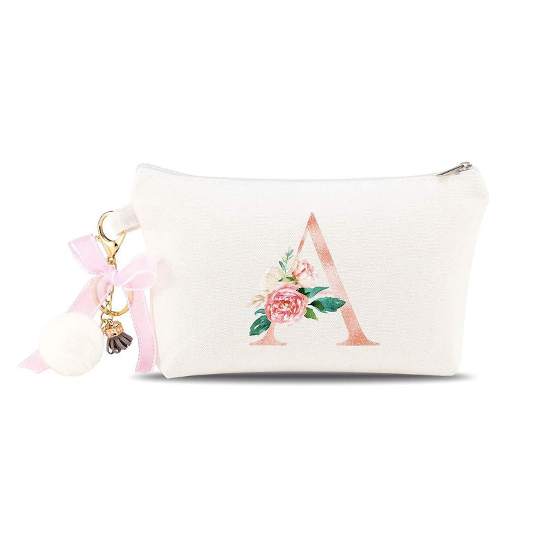 [Australia] - PARBEE Floral Initial Canvas Makeup Bag Zipper Cosmetic Pouch with Keychain, Monogrammed Gift for Girls Women Mom Teacher Birthday Valentine's Day Mother's Day Bridal Shower A 