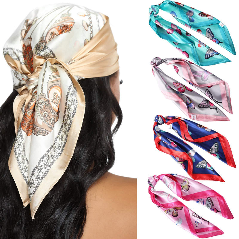 [Australia] - 23.6 Inches Satin Head Scarves for Women 4PCS Square Silk Like Hair Scarves Silk Hair Bandanas Butterfly 