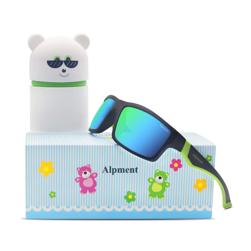 [Australia] - ALPMENT Kids Polarized Sunglasses TPEE Flexible Frame with Adjustable Strap for Boys Girls Age 6-12 Black/Green Frame|green Revo Lense 