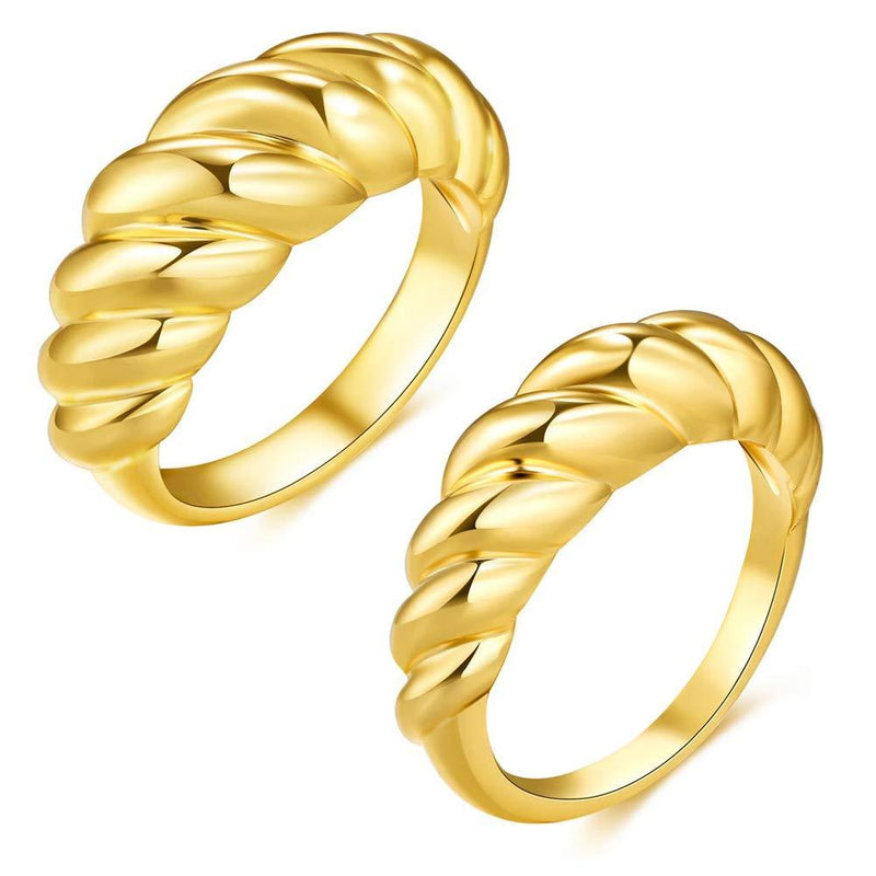 [Australia] - CLASSYZINT 14k Gold Plated Croissant Dome Chunky Rings Set Braided Twisted Stackable Band Simple Trendy Gold Rings for Women Girls Size 6-10 