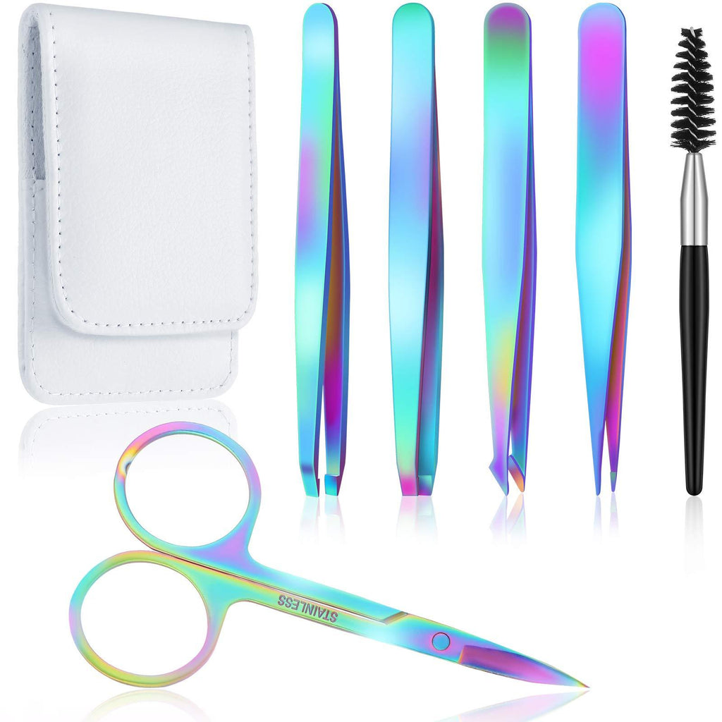 [Australia] - 6 Pieces Eyebrow Tweezers Set with Curved Scissors, Eyelash Brush Stainless Steel Brow Remover Tools for Women and Girls, Hair Plucking Daily Beauty Tool with Storage Case (Rainbow Color) Rainbow Color 