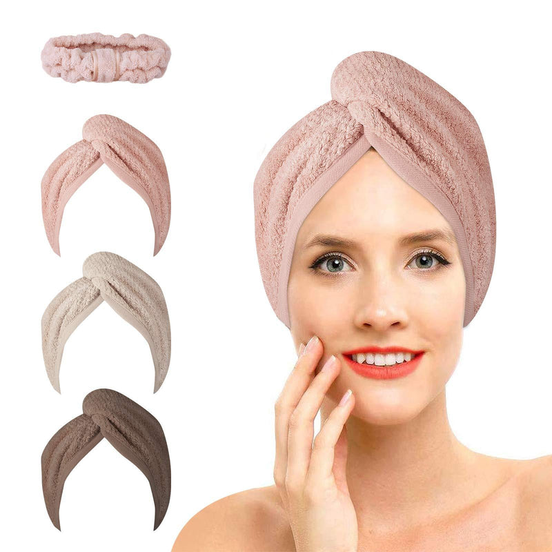 [Australia] - EEEKit Microfiber Hair Towel Wrap for Women, Super Absorbent Hair Drying Towels with Button, Quick Drying Ultra Soft Hair Towel Turban for Curly, Long & Thick Hair(Pink, Beige, Coffee, Headband) 