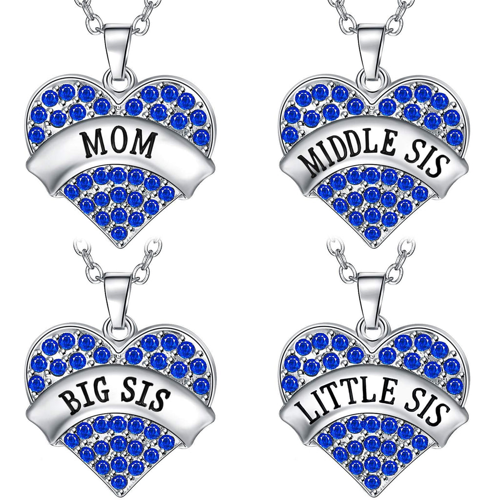 [Australia] - Hicarer 4 Pieces Big Sis Middle Sis Little Sis Mom Crystal Heart Shape Pendant Necklace Set Sister Family Jewelry for Sister Girls Kids Blue 