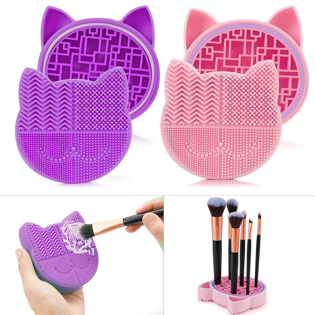 [Australia] - TailaiMei 2in1 Design Makeup Brush Cleaning Mat with Brush Drying Holder, 2 Pcs Silicon Brush Cleaner Pad include Cosmetic Brush Organizer Rack, Portable Washing Tool for Makeup(Pink&Purple) 2Pcs, Pink&Purple 