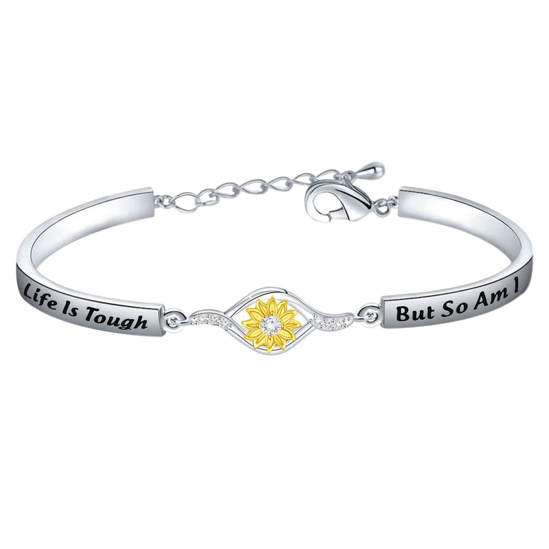 [Australia] - FEELMEM Sunflower Charm Bracelet Life is Tough But So Am I Inspirational Cancer Awareness Jewelry Gift for Survivor Breast Cancer Warrior Cancer Bitch Fighter 