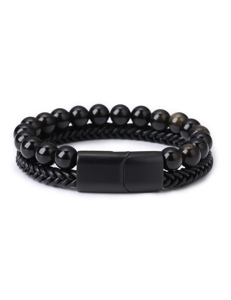 [Australia] - Matte Stone Mens Bead Leather Bracelet Natural Bead and Leather Stainless Steel Magnetic Closure Bracelet for Men Black 7.5 Inches 