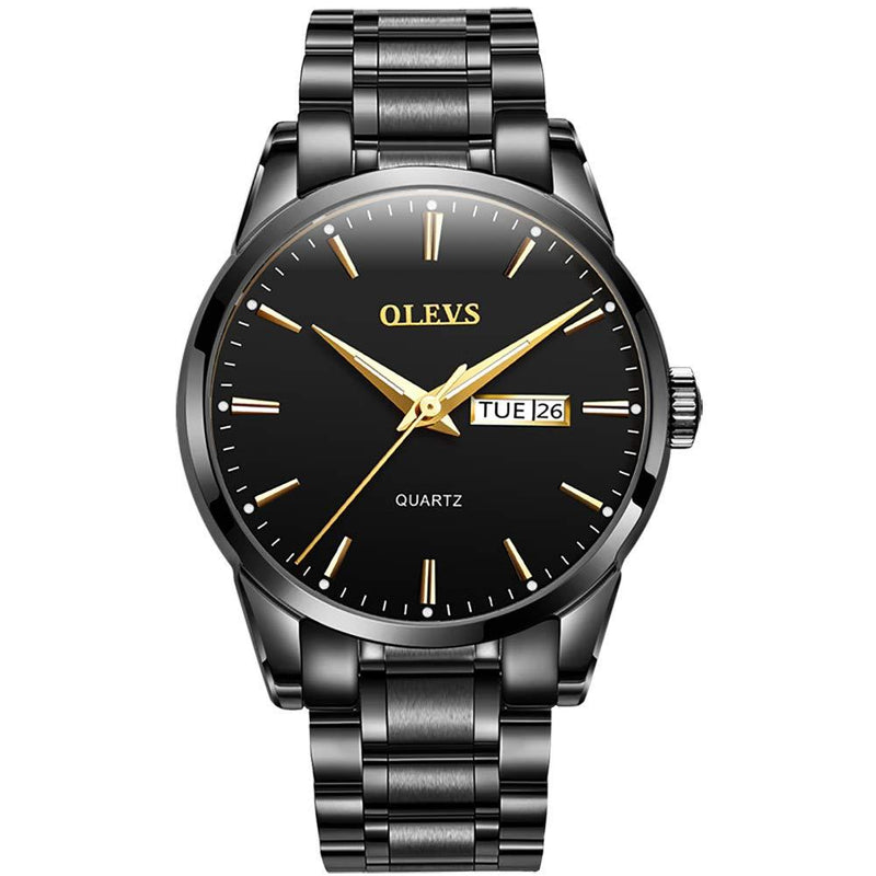 [Australia] - OLEVS Men's Watches,Gold Stainless Steel Band Luxury Casual Dress Wristwatch for Men Japan Movement Rome Analog Waterproof with Luminous Day Date(Blue/Black/White/All Black) Black Stainless Black Dail 