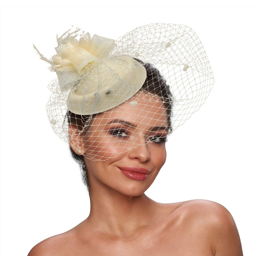 [Australia] - Fascinators Headband for Women Tea Party Hat Kentucky Derby Wedding Flower Mesh Feathers Hair Clip 10-a-beige 