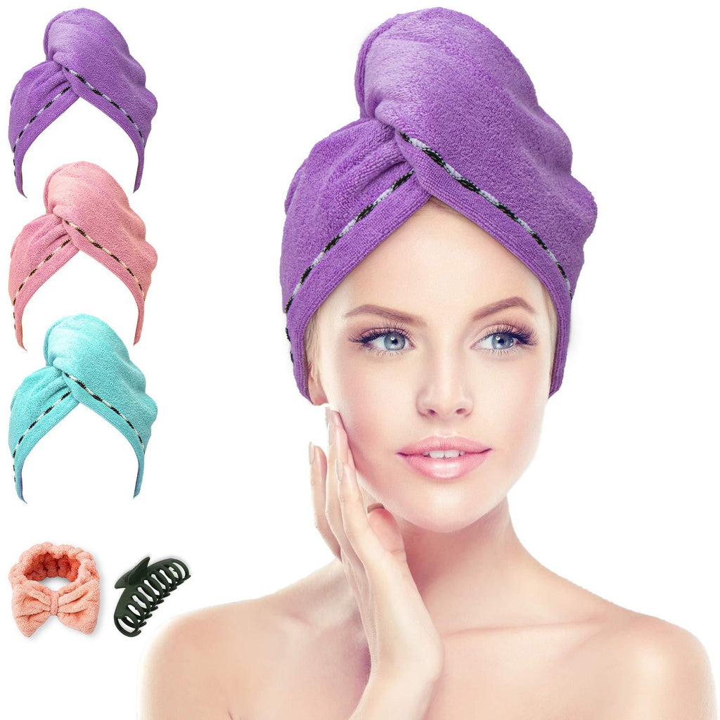 [Australia] - HMEEN Hair Drying Towels for Women,3 Pack Super Soft Absorbent Microfiber Turbans Twist Hair Wrap with Button(Purple Blue Pink) Pink/ Purple/ Blue 