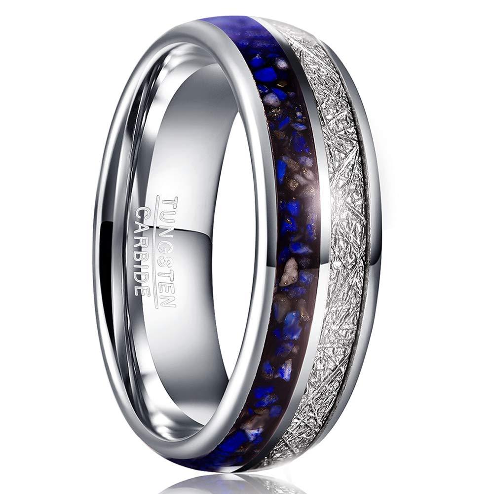 [Australia] - MEILING LINGMEI 8mm Tungsten Carbide Ring for Men Women Lapis Lazuli and Imitation Meteorite Inlay Wedding Band Domed Style Size 7-12 