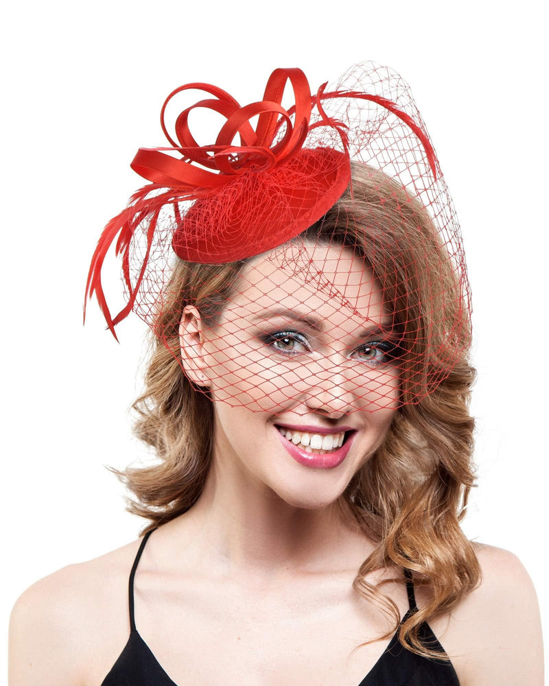 [Australia] - Fascinators Headband Tea Party Hats for Women Royal Wedding Hat Feather Mesh Hair Clip 2-red 