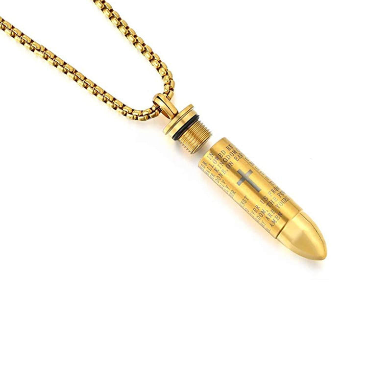 [Australia] - lylqmy English Lord's Prayer Stainless Steel Cross Bullet Pendant Necklace for Men, 22" Chain 24.0 Inches golden tone 
