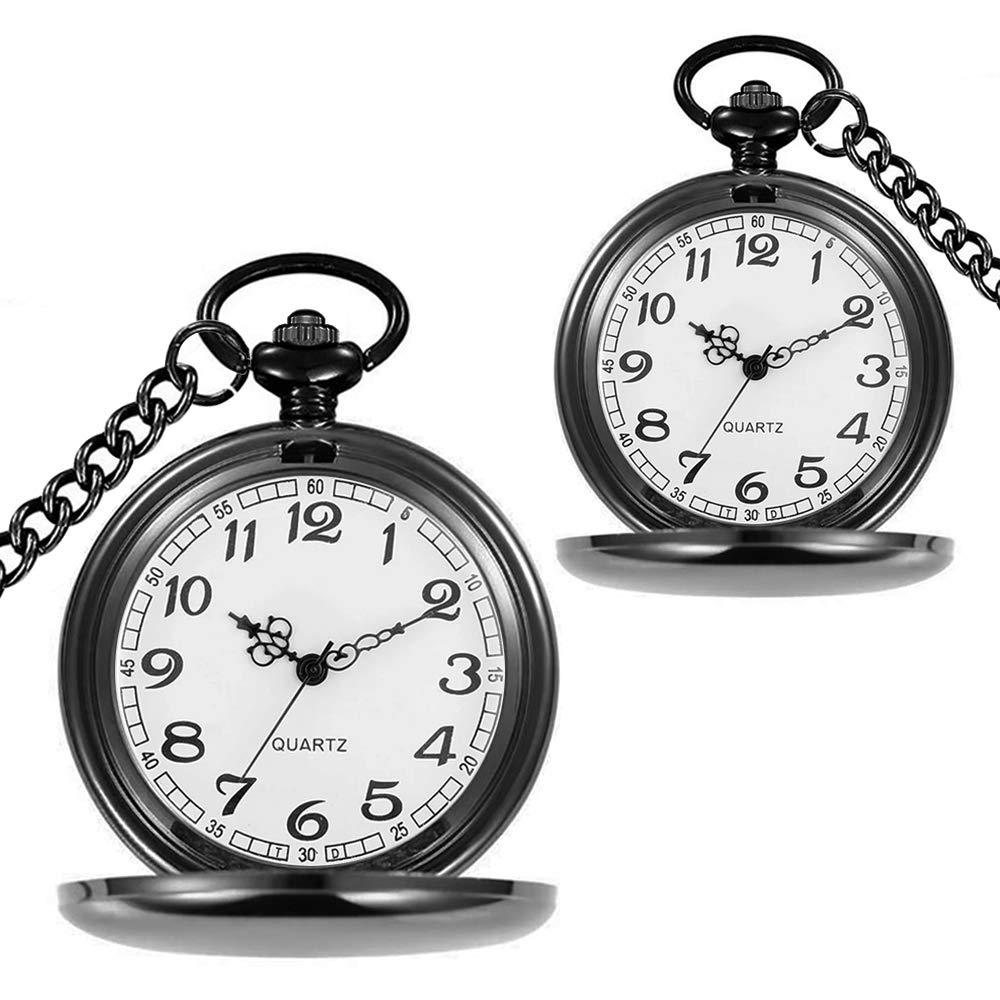 [Australia] - Set of 2 Classic Pocket Watch with Chain for Men and Women Black Black 