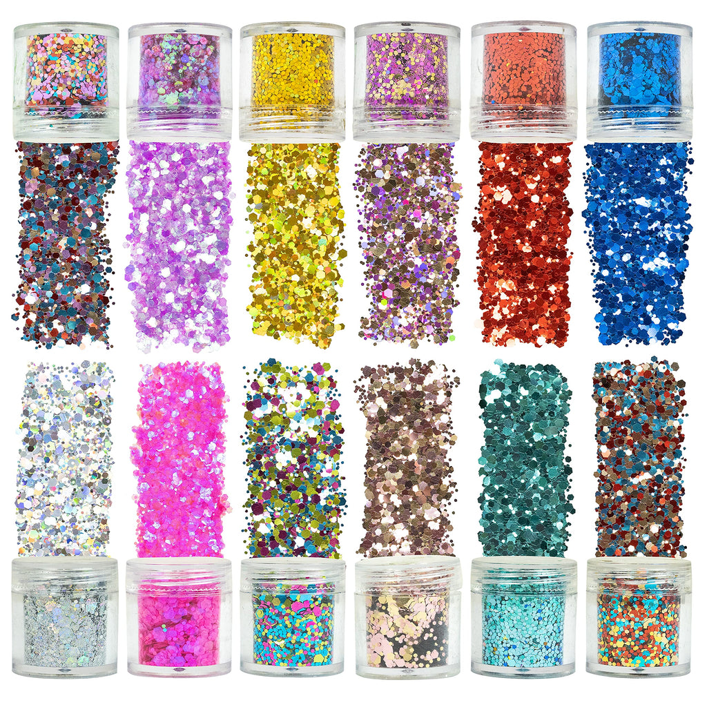 [Australia] - Azberg 12 Colors Holographic Chunky Glitter 180g for Body Face Makeup Nail and Resin - Different Size Face Glitter for Cosmetic Art DIY 