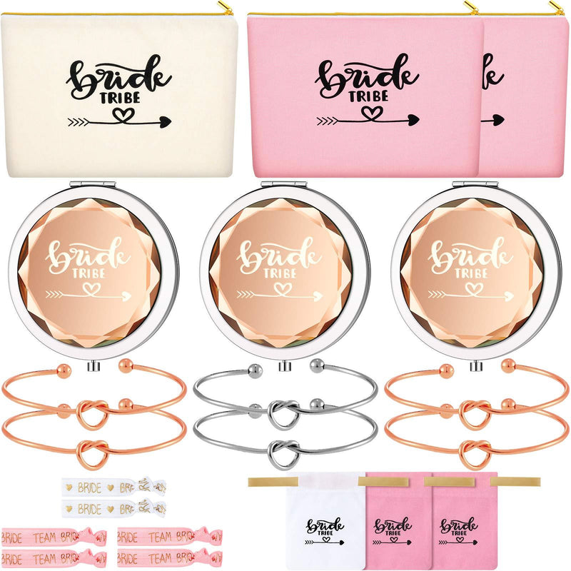 [Australia] - 21 Pieces Bridesmaid Proposal Present Set Bride Canvas Cosmetic Makeup Clutch Bags Compact Pocket Makeup Mirrors Bridemaid Love Knot Bracelets Bride Hair Tie for Bridal Shower 